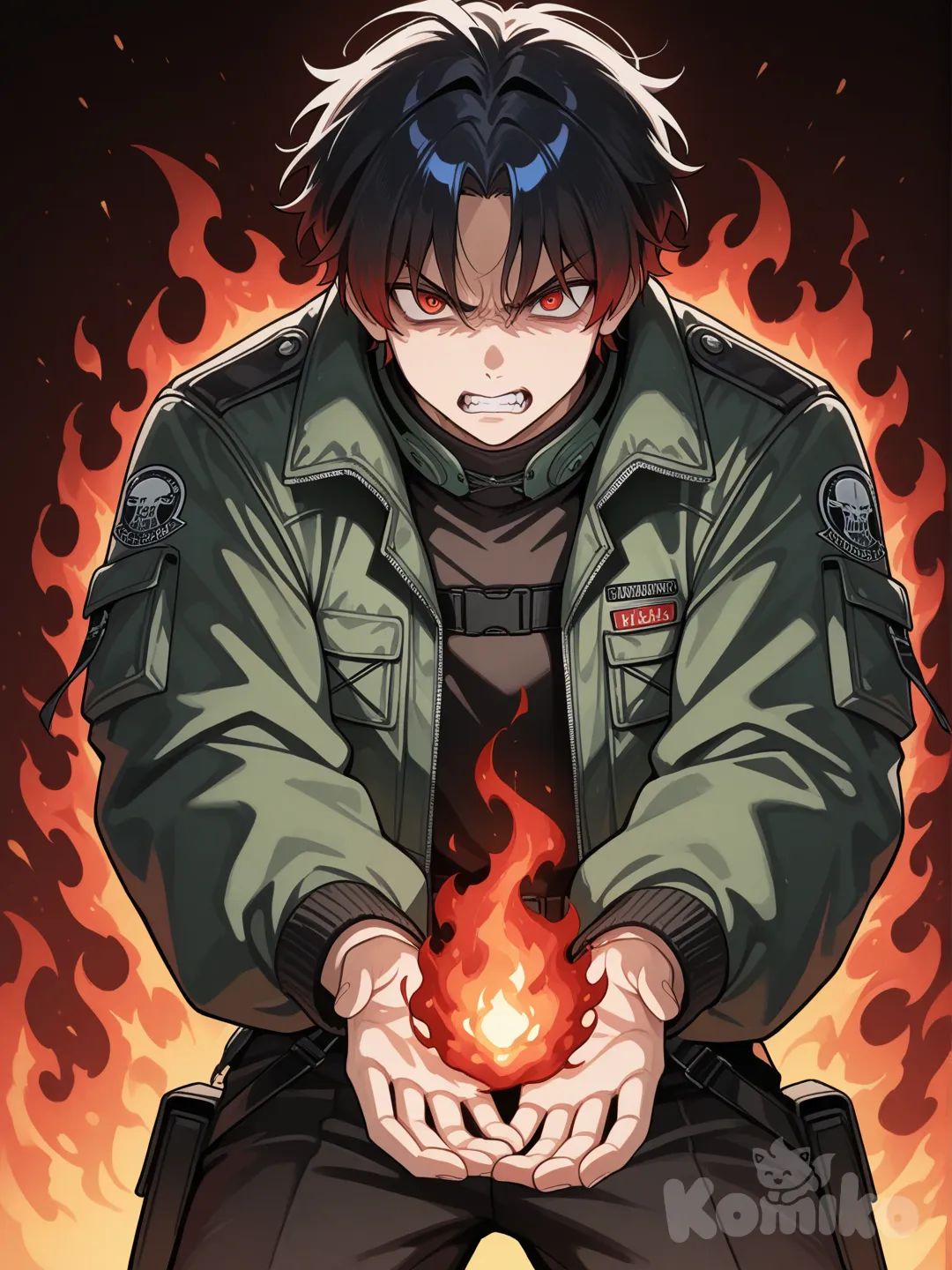 1boy, height 6'0, weight 150, Reddish black hair, skin white, eyes blue, anime, Red and black Konoha flak jacket, dark red fire on his hands, angry