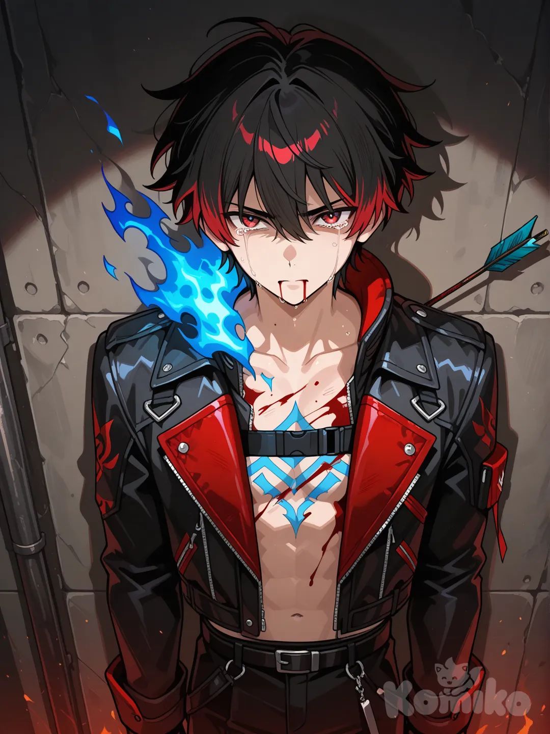 1boy, height 6'0, weight 150, Reddish black hair, anime, blood on clothes, red and black flak jacket, tears in eyes, clothes ripped up a little bit, blood going down his lip, on his back against the wall, blue fire arrow straight in his chest, blood going down his chest