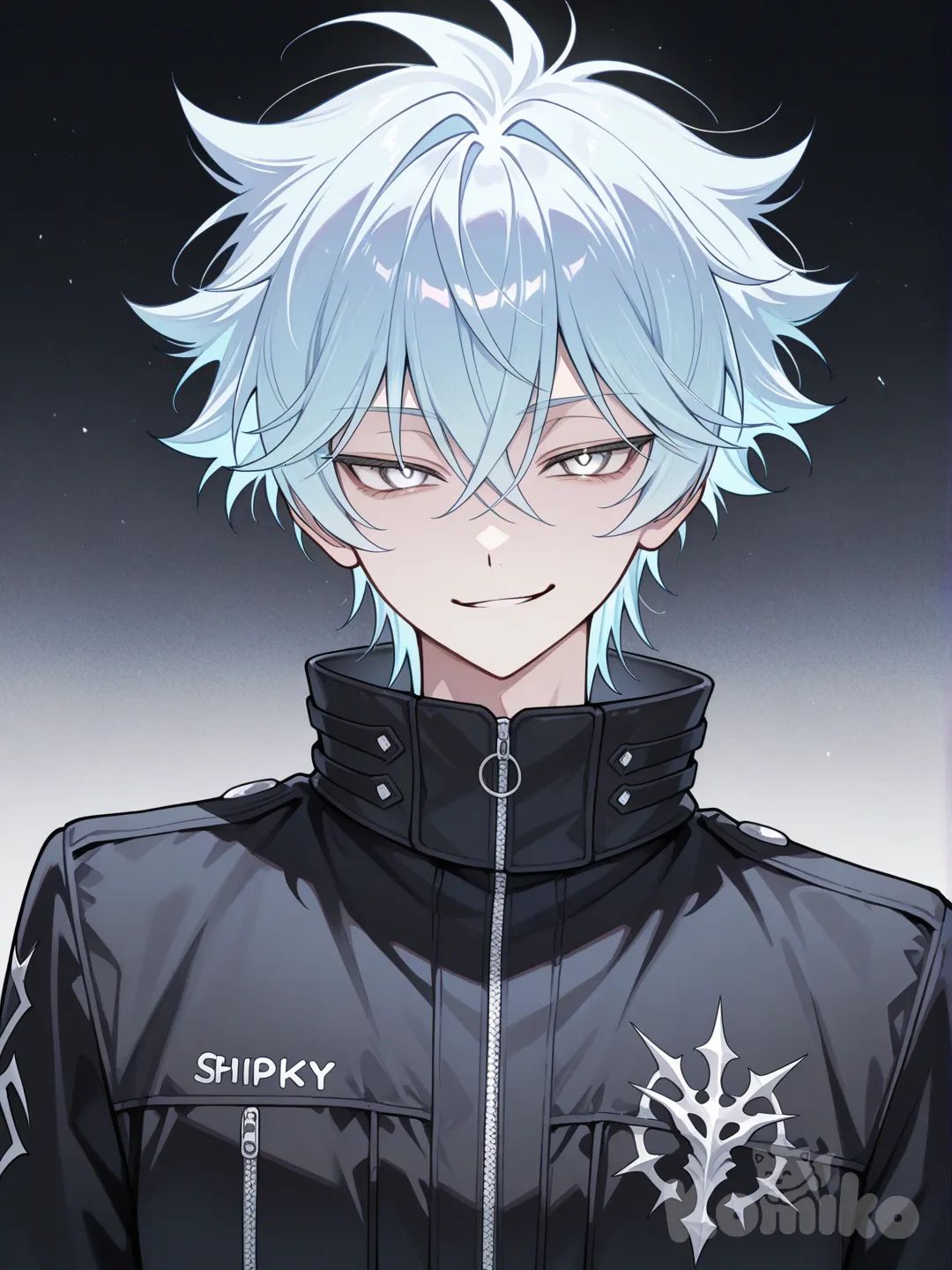 1boy, height 6'0, weight 150, white eyes, light blue hair, black zip-up shirt, short spiky with choppy bangs that hang over his eyebrows, smirk