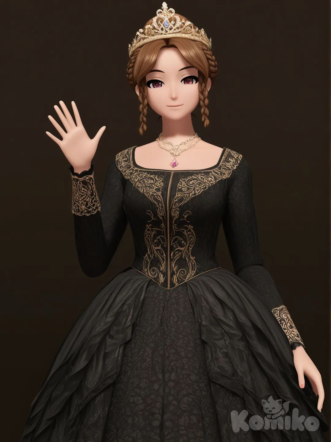 [mmd-style], Queen Victoria, waving, smile, crown, opulent and historically-inspired 19th-century fashion, with costumes evolving to reflect the queen's age and changing status, brown hair, a center part, with front sections braided upwards and swept back over the ears to frame the face, while the rest of the hair is gathered and braided into a bun at the back