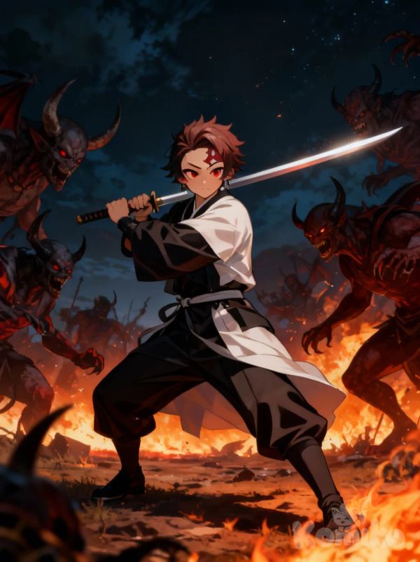 @Kamado_Tanjirou, holding sword, fighting demons around him