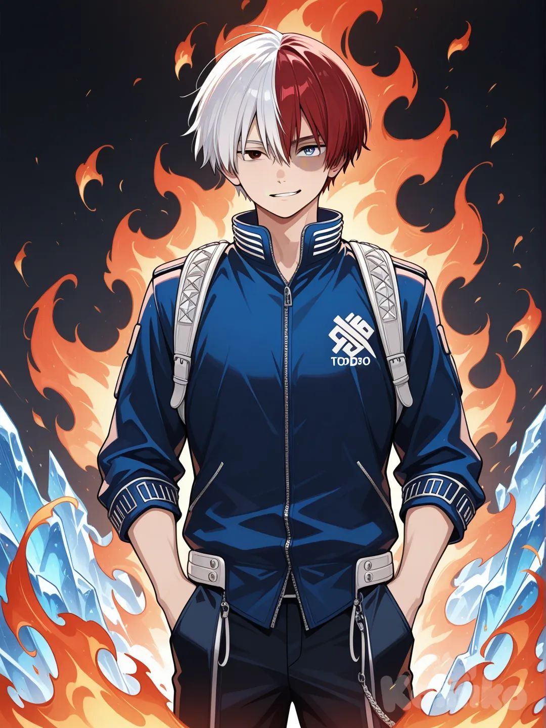1boy, @Todoroki_Shouto, split between fire and ice, smirk, hands in pockets