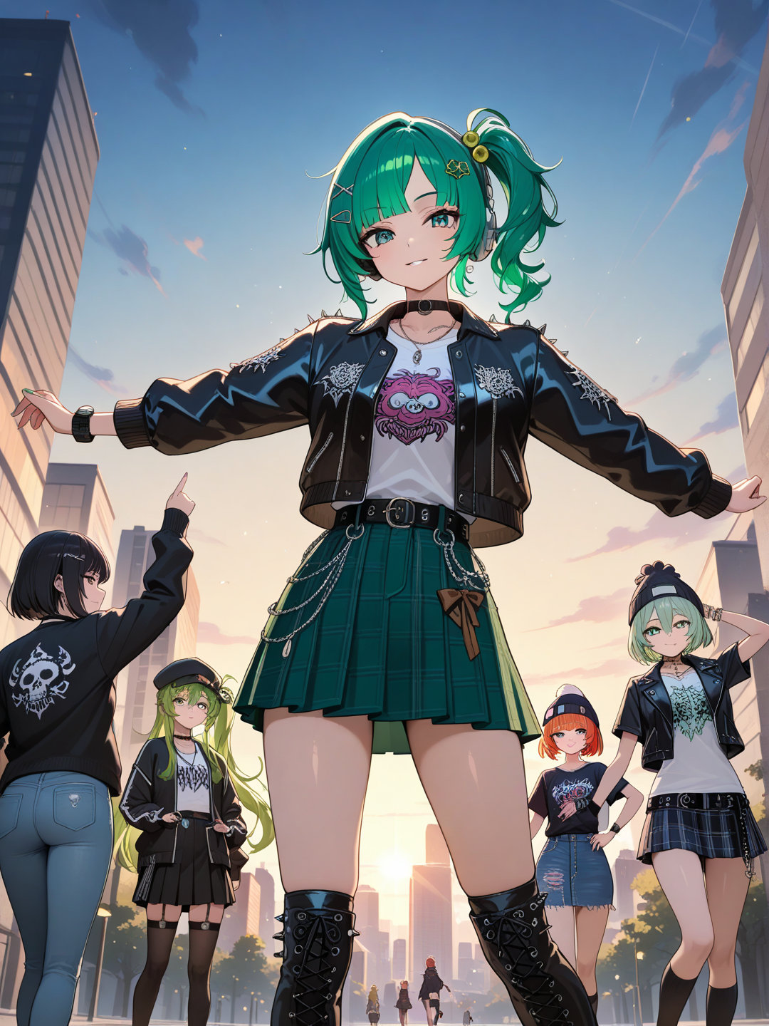 4 Girls, dancing, punk leather jacket, varsity jacket, hoodie, t-shirt, jeans, casual pants, pleated skirt, denim skirt, studs, lace, plastic, tassels, bow, hair accessory, necklace, choker, beanie, pearls, headphones, knee-high socks, digital watch, high ponytail, side ponytail, straight bangs, bob cut, klein blue, navy blue, neon green, olive green, headshot, depth of field, ambient light, cinematic lighting, twilight, skyscraper