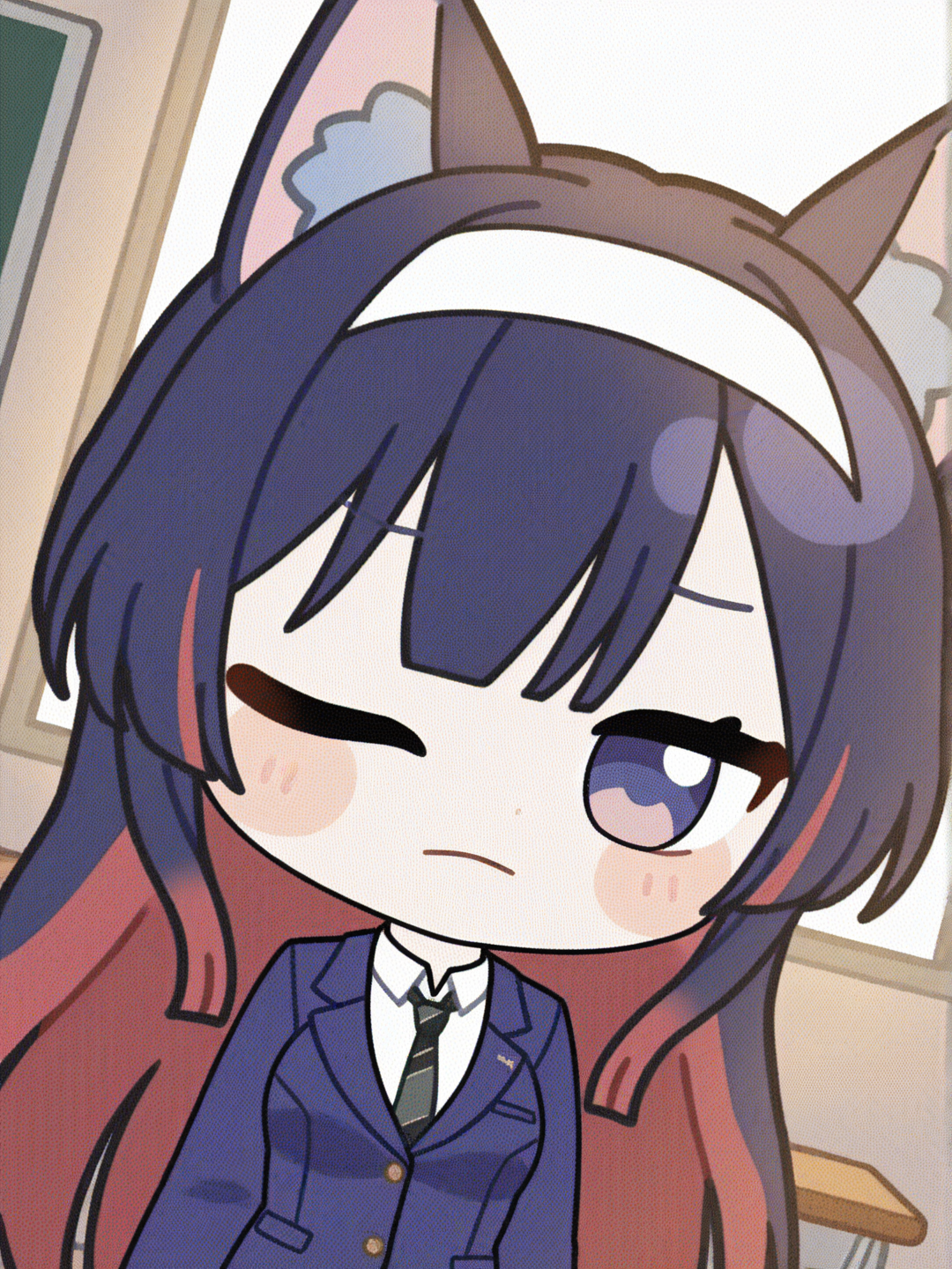 1girl, face pinching, one eye closed, angry, school vest, pencil skirt, zebra print, headband, wolf ears, straight bangs, gradient, closeup, upper body, ambient light, cinematic lighting, classroom, [flat-chibi-style]