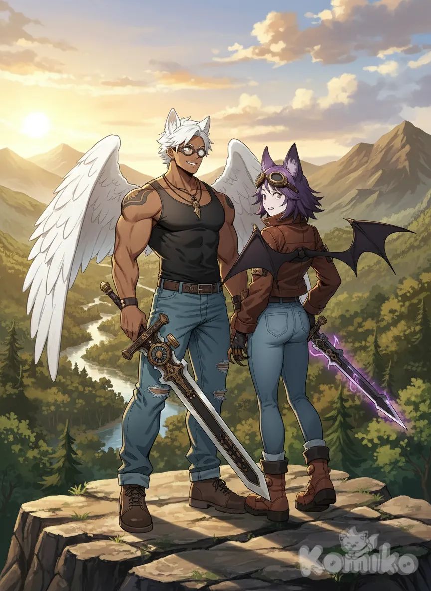 <ghost-joke-zwlw>, <angel-shadow-RtTs>, holding sword, looking back, full body, wide shot nature