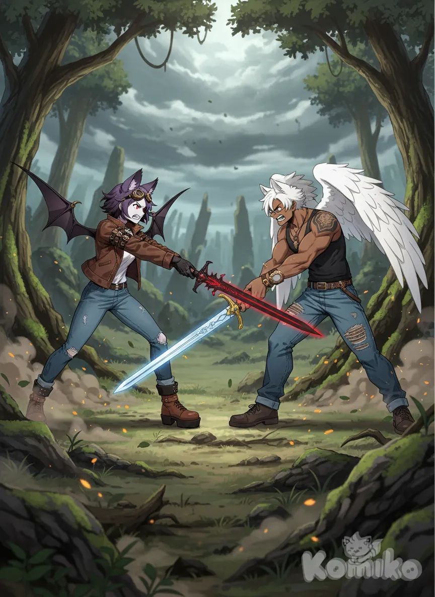 <ghost-joke-zwlw>, <angel-shadow-RtTs>, holding sword againsteachother, looking at eachother with rage, full body, wide shot nature