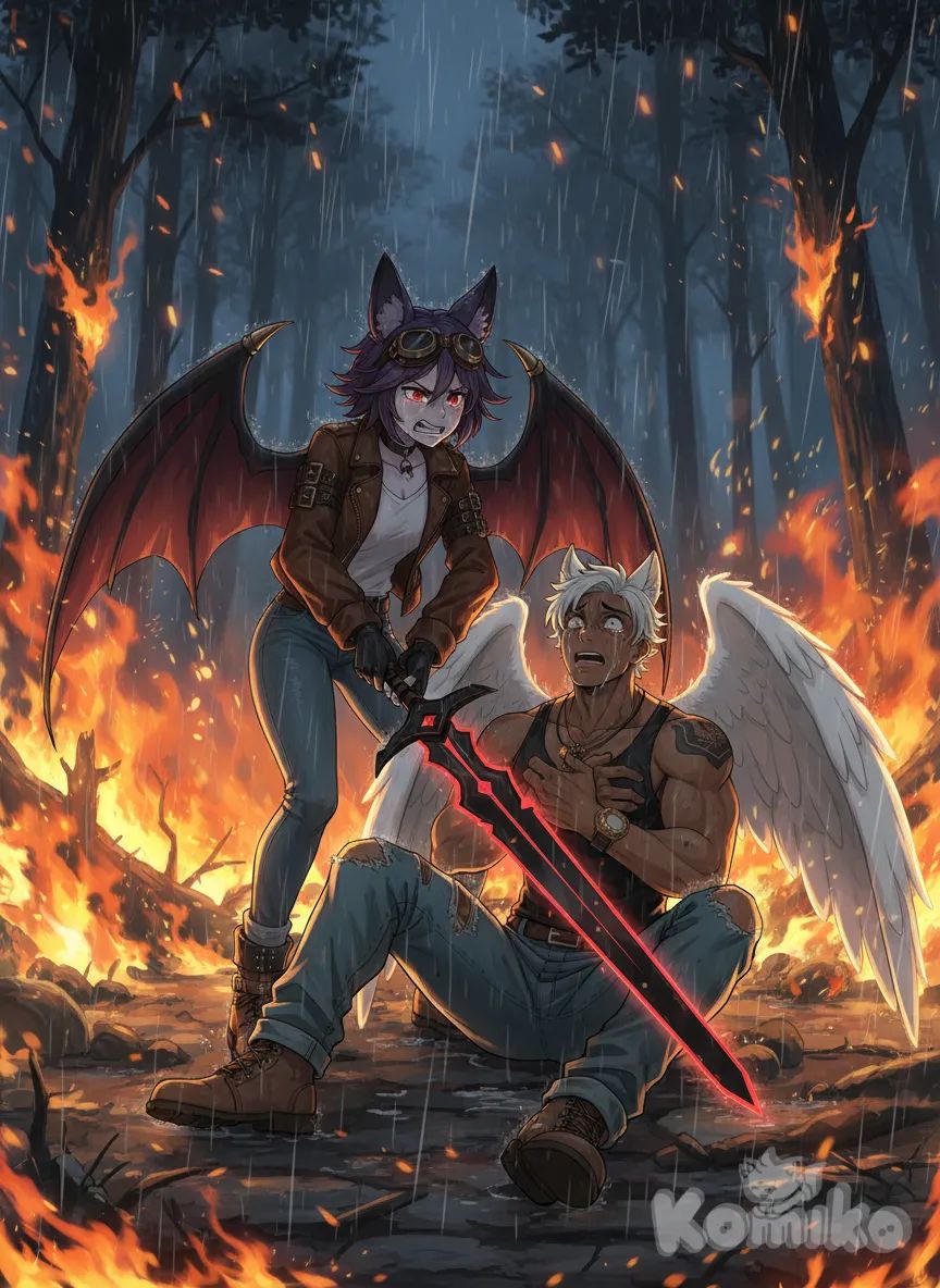 <angel-shadow-RtTs>, frown, angry crying holding sword, <ghost-joke-zwlw>, anime screencap, sitting on ground looking up, shocked wity fear, crying , full body, 

forest, fire glows around them, rainy