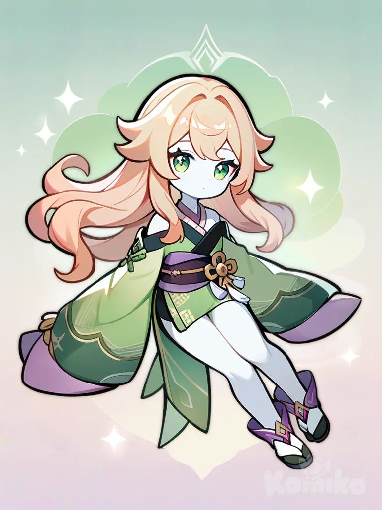 1girl, Genshin Impact style, delicate features, sparkling green eyes, bubblegum pink-orange hair, long hair, flowing hair, warm expression, graceful aura, original character, teenager, slim, petite, white skin, Japanese style off-the-shoulder outfit, pink purple and green tones, single character, full body, looking at viewer, anime style, simple background, white background