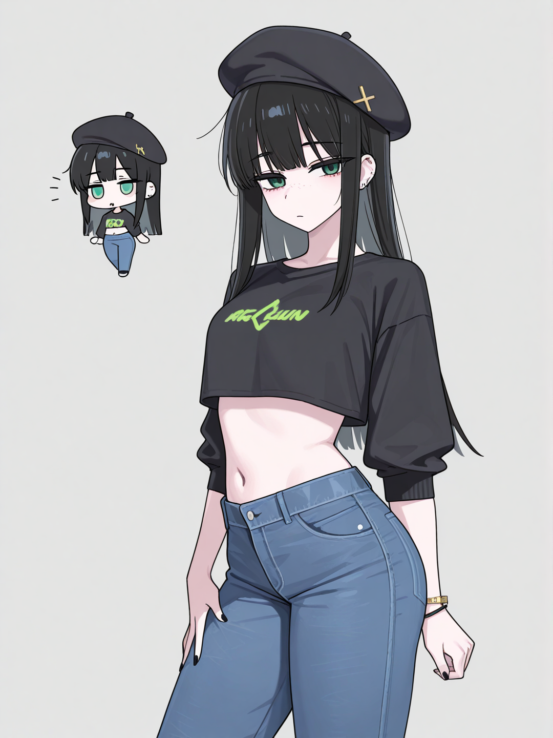 [toon-shaded-style] 1girl, cyberpunk, chibi, teenager, curvy, slim, tall, black hair, straight hair, long hair, green eyes, freckles, pale skin, jeans,black crop top, bracelet, black beret