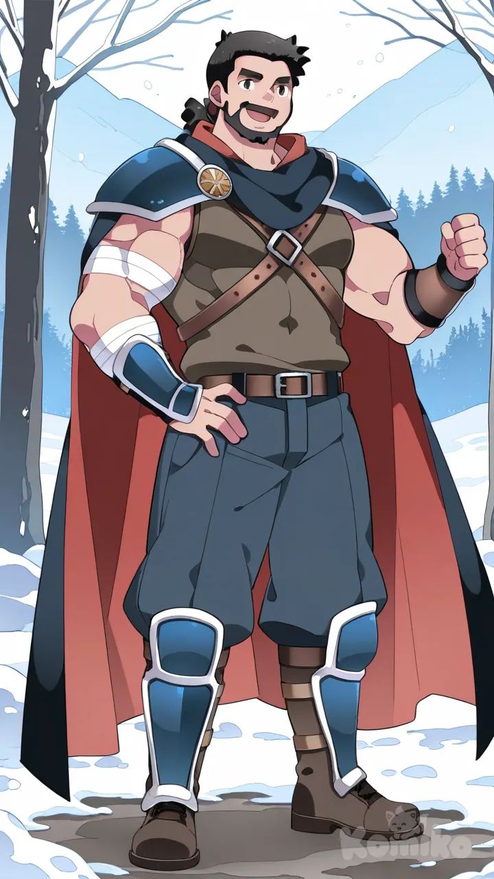 muscular, hairy, hunk, bodybuilder, beard, masculine, bara, bulging muscles, thick thighs, broad shoulders, strong, dominant, mature, rugged, facial hair, body hair, beefy, macho, toned, powerful, defined, athletic, handsome, attractive, hammer (sunset beach), full body, black hair, mountain, forest, anime coloring, smile, lineart, tight pants, arm guards, combat boots, cloak, Stomach bandages, bohemian shirt, long hair, Shoulder pads, legs guards
