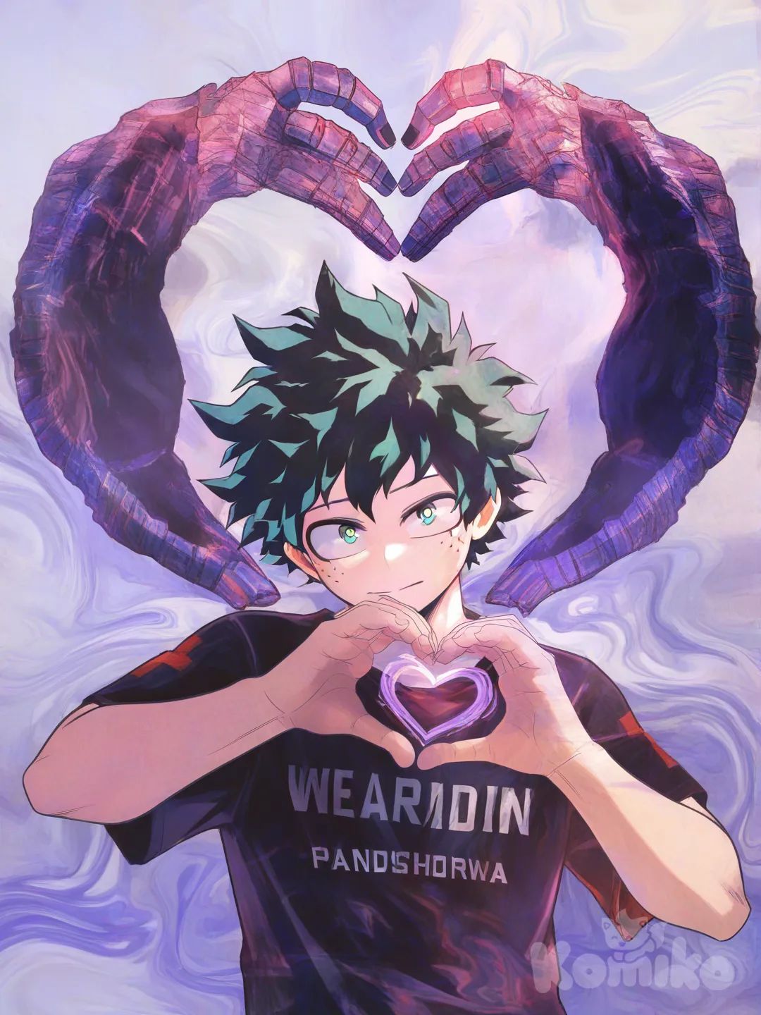 bakudeku shup my hero academia, @Midoriya_Izuku, @Bakugou_Katsuki, [watercolor-illustration-style], heart hands, t-shirt, headshot