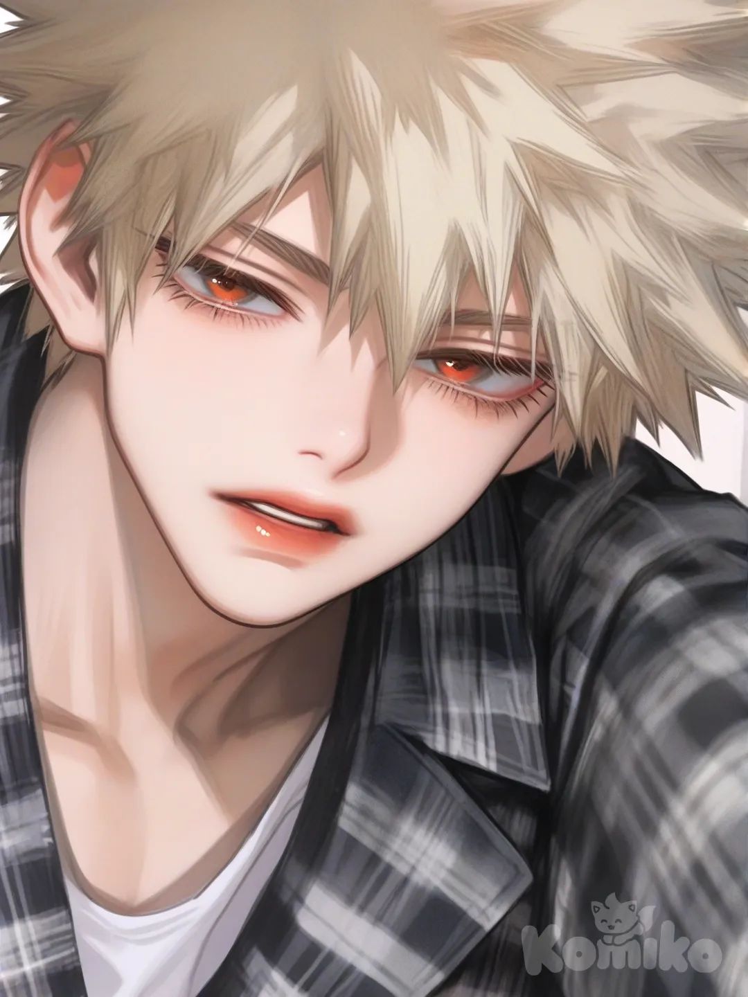@Bakugou_Katsuki, [semi-realistic-portrait-style], selfie, plaid shirt, front profile photo