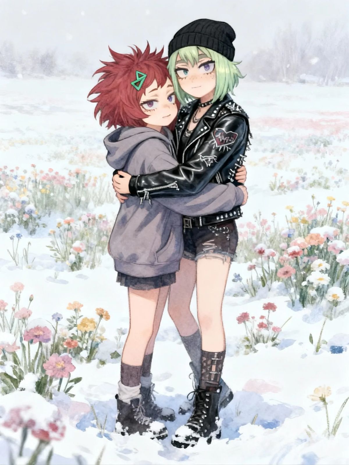 @dikui-plasmashi-CUDo, @plashima-oroae-y5pd, 2girls, [soft-pastel-style], hugging, punk , hoodie, punk , punk leather jacket, full body, portrait, snowy, flower field
