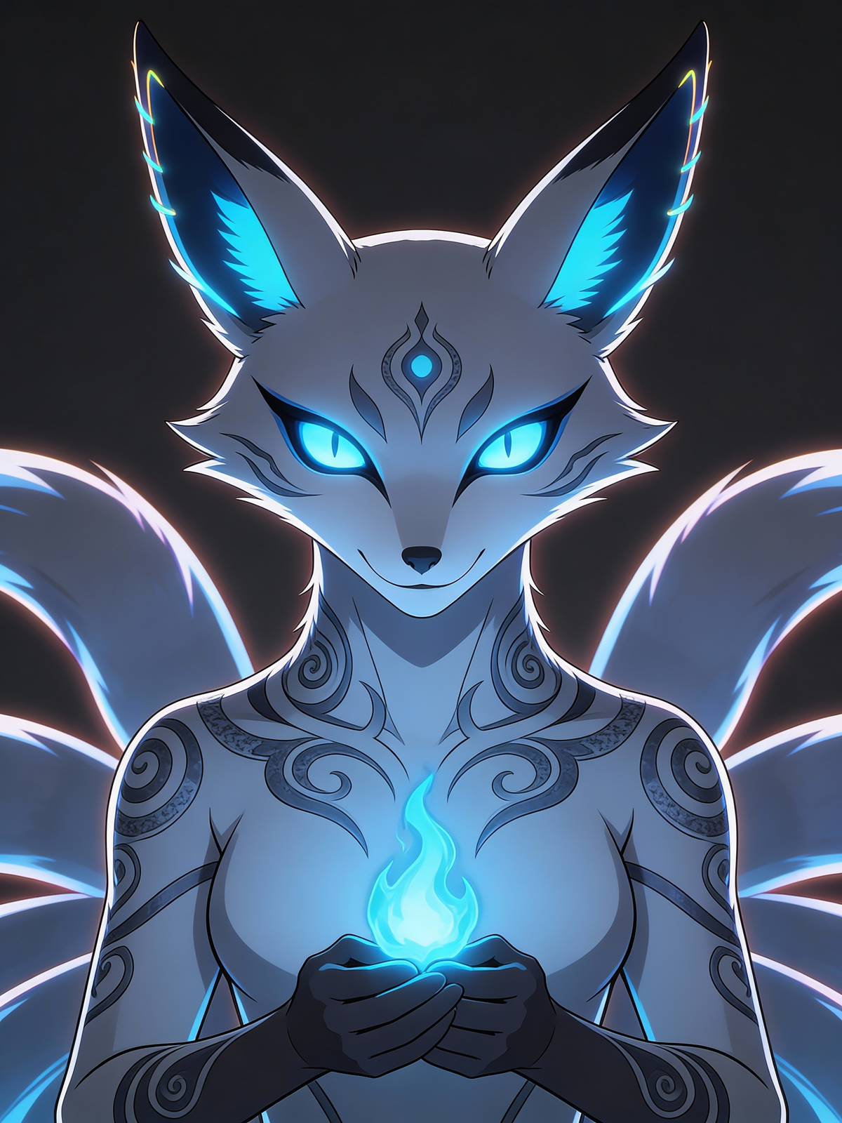 Stylized anime nine-tailed fox–gremlin–kitsune hybrid, sleek fantasy creature, medium head with smooth mystical features, large glowing neon blue eyes, sharp yet elegant fox-like ears with subtle neon highlights, no wings, nine flowing tails fanned behind, smooth grey and charcoal body with mystical markings. Calm, confident, slightly mischievous expression. Holding a small neon blue magical flame between its paws. Dark neutral background with soft neon rim lighting, centered composition for Discord profile picture, stylized anime illustration, clean line art, smooth shading, subtle neon glow, high detail, mystical and sleek aesthetic, reminiscent of Naruto’s Nine-Tails., closeup, portrait, upper body, headshot