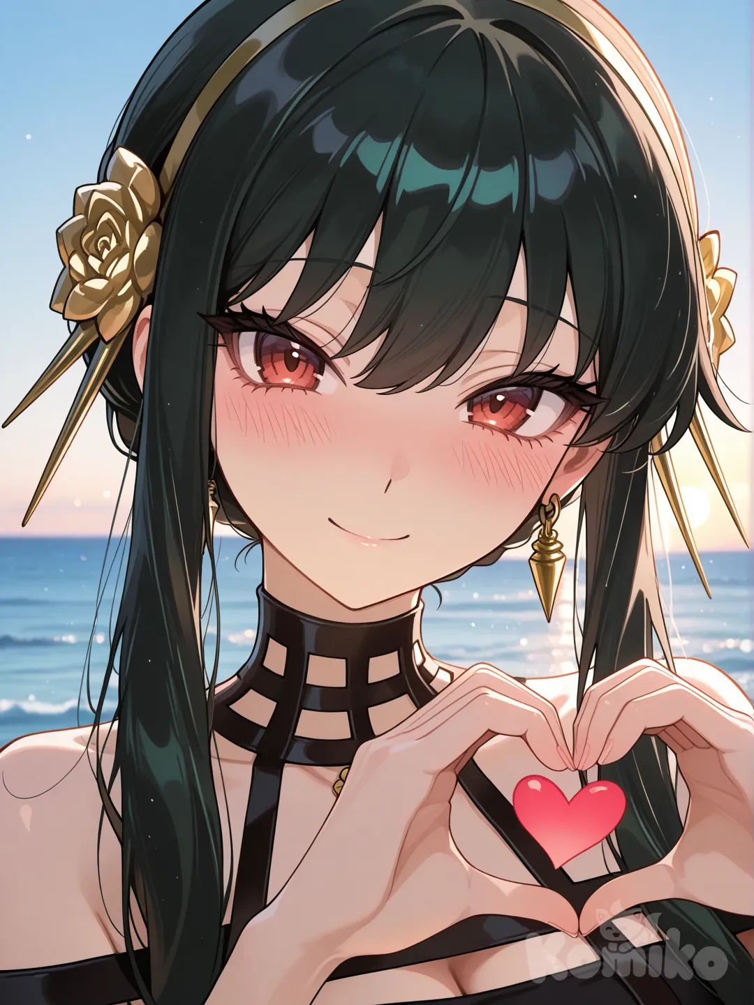 @Yor_Briar, heart hands, blush, smile, little black dress, headshot, ambient light, ocean