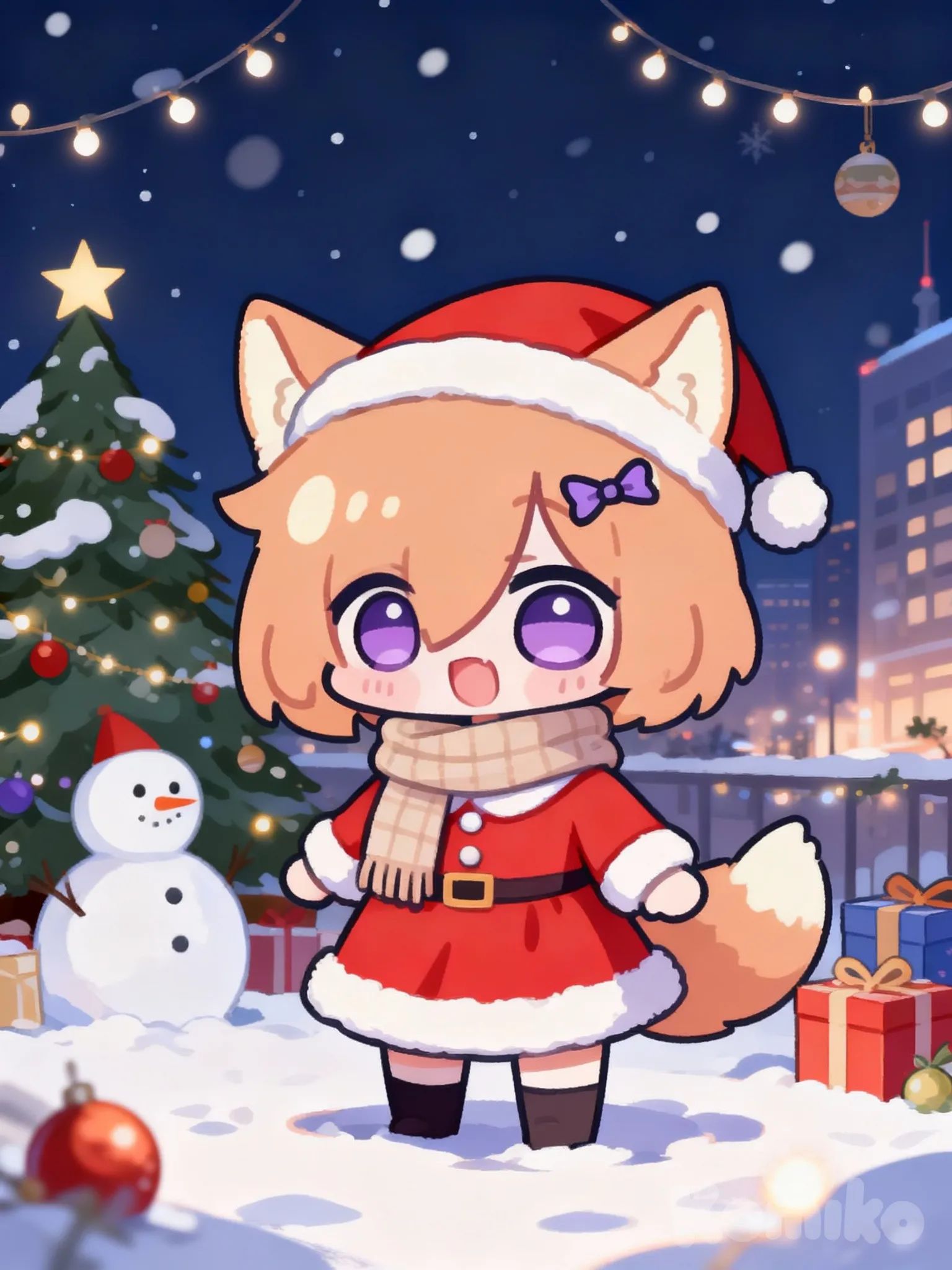 @Komiko_Chan, christmas, christmas tree,snow, gift box, christmas ornaments, merry christmas, snowman, snowing, looking at viewer, headshot, ambient light, night, city, scarf, christmas lights, santa dress, santa hat