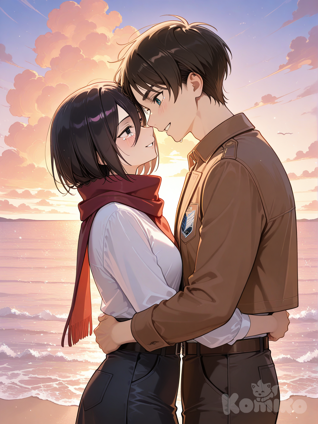 Eren Yeager, Mikasa Ackerman, smile, blush, crying, hugging, full body, medium long shot, headshot, twilight, cloud, ocean, sunlight, cloudy sky
