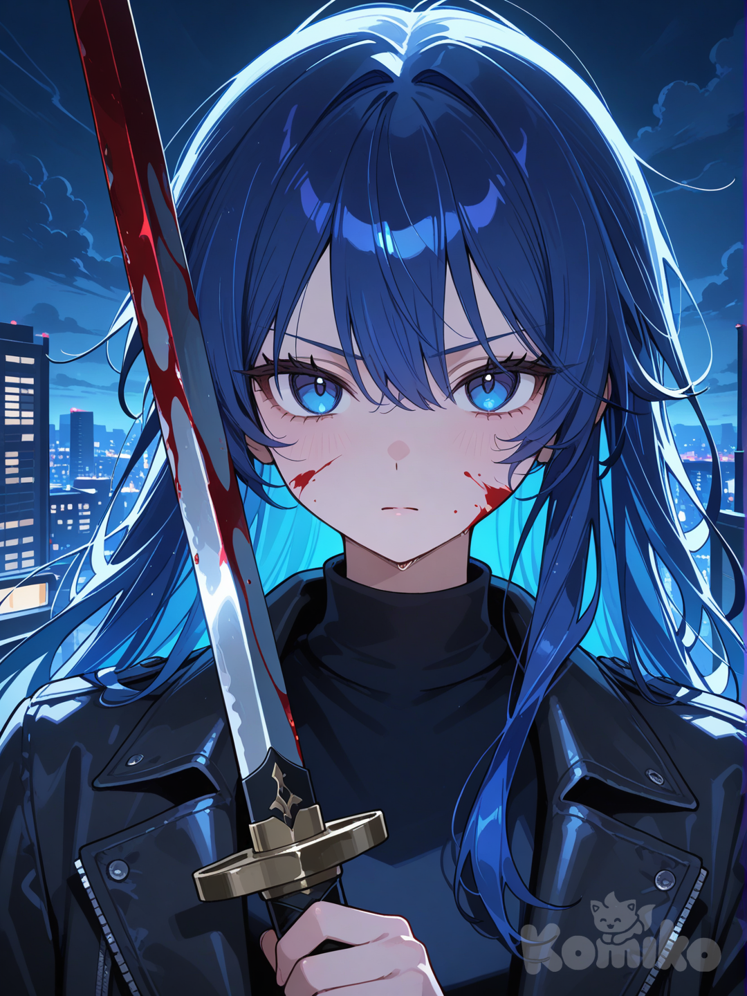 1girl, blue eyes, blue hair, holding sword, serious, casual pants, loose hair, combat boots, black jacket, black shirt, portrait, looking at viewer, headshot, top light, night, blood on face, blood on weapon, ambient light, stormy sky, 