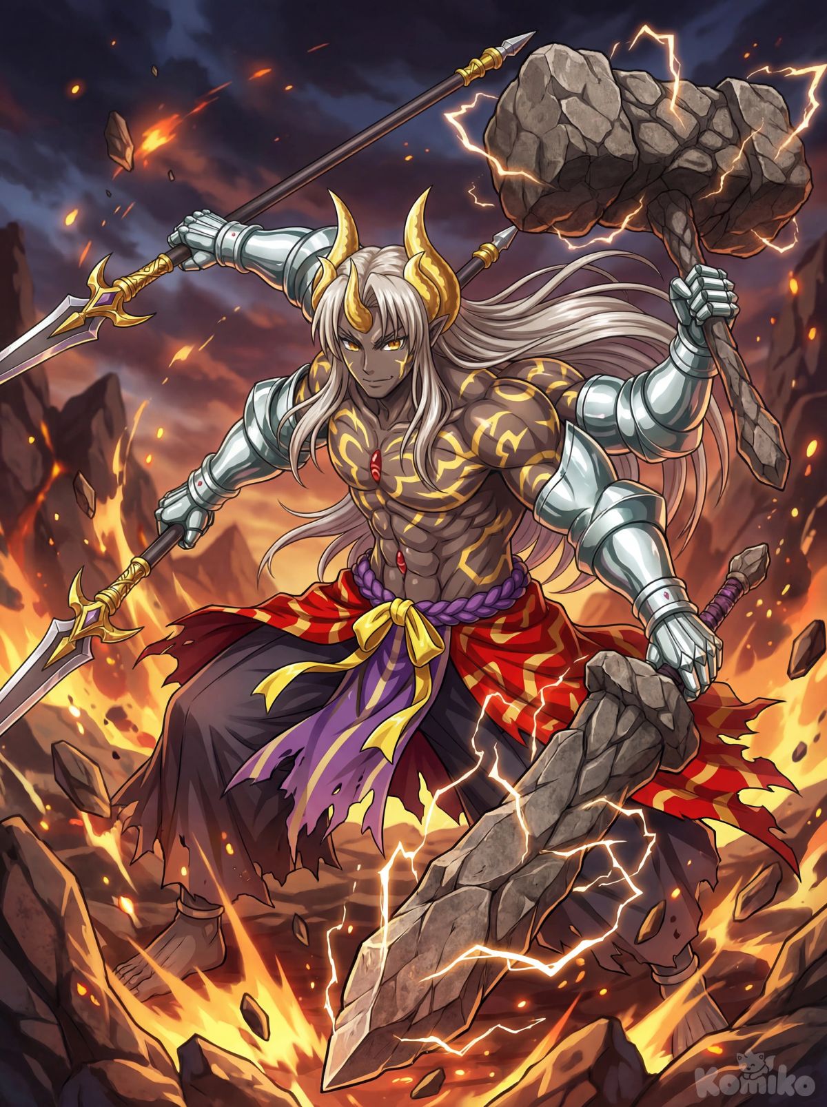 Based on the anime art style, he creates a character, recreating Ovarou (Re: Monster), with his black skin and metallic arms with golden tattoos on his body, golden horns and long silver hair, wielding spears in two of his hands, and a rock hammer and a rock sword in his other two hands, epic pose, epic and dynamic scene, anime style