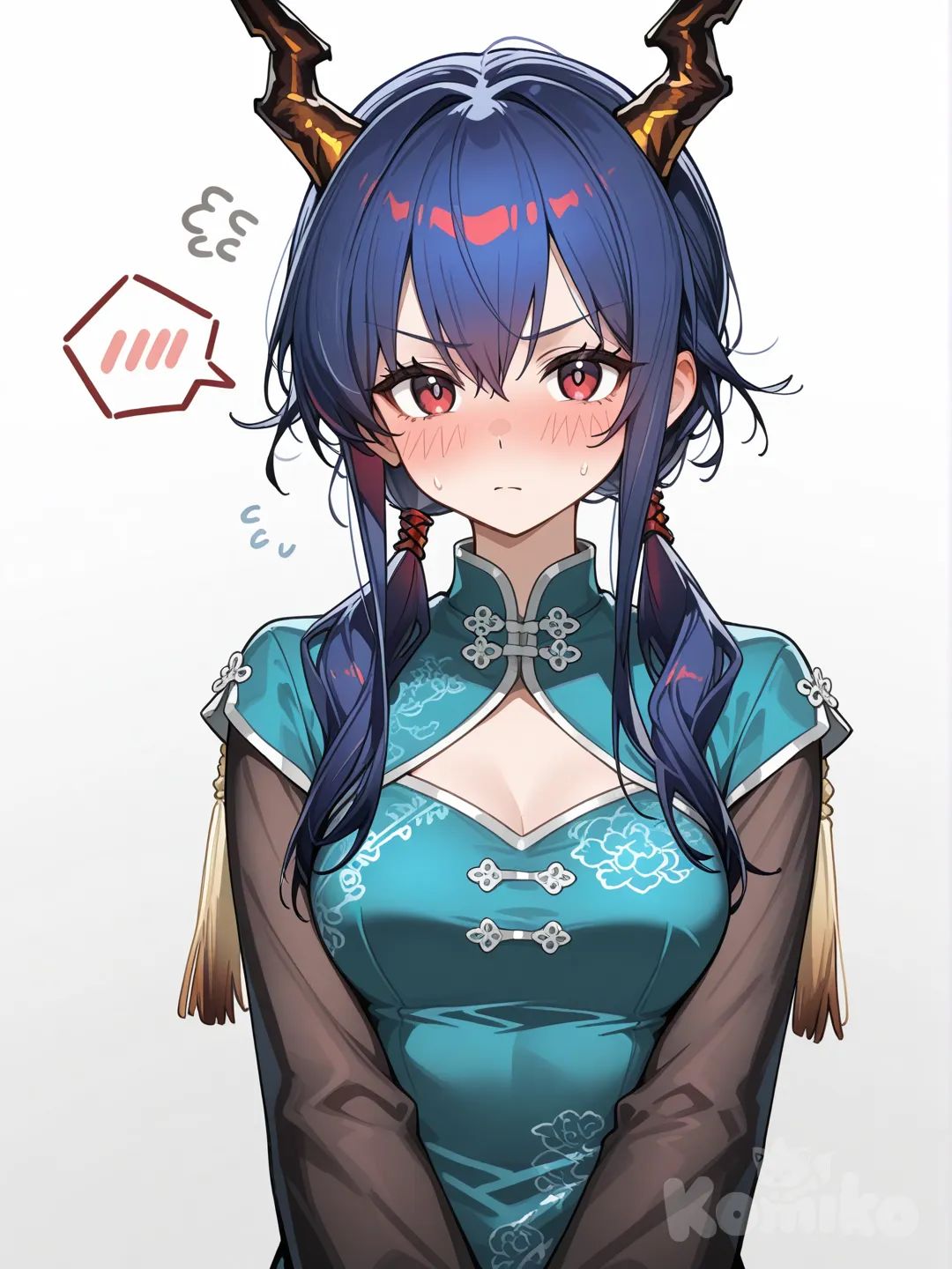 ch'en (arknights), chinese clothes, flustered, serious