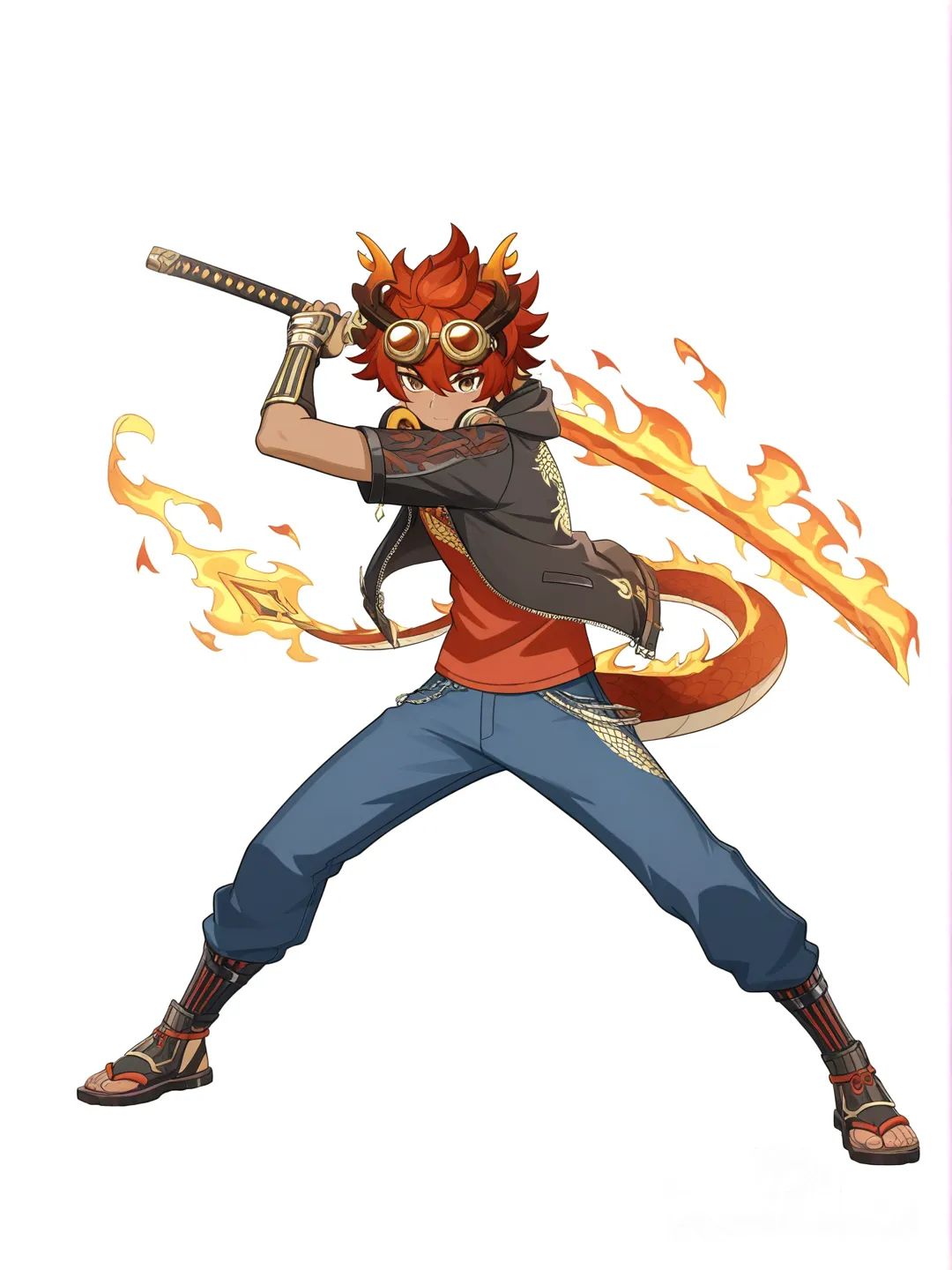 1boy, teenager, athletic, tall, slim, red hair, spiky hair, curly hair, dark skin, brown eyes, little dragon horns, dragon tail, fire, dragon t-shirt, unzipped hoodie, leather jacket, headphones around neck, goggles on head, jeans, a ninja samurai flaming sword, genshin impact style, single character, full body, looking at viewer, anime style, simple background, white background, [bright-anime-style]