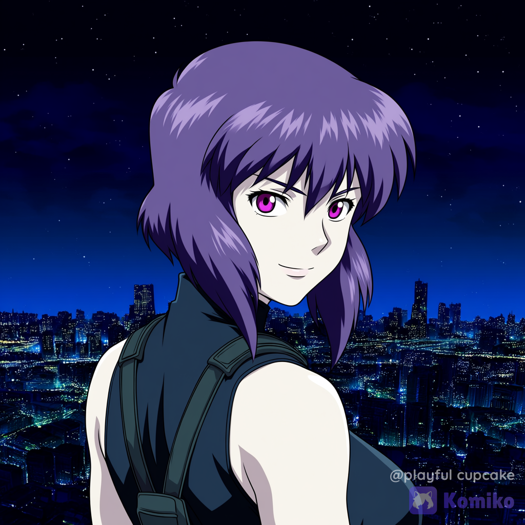 Motoko Kusanagi looking back at us
