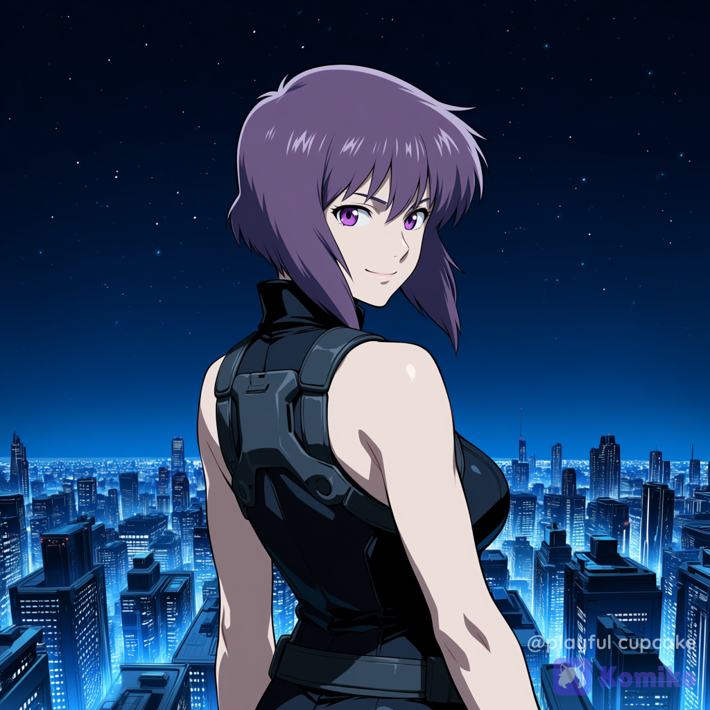 Motoko Kusanagi looking back at us