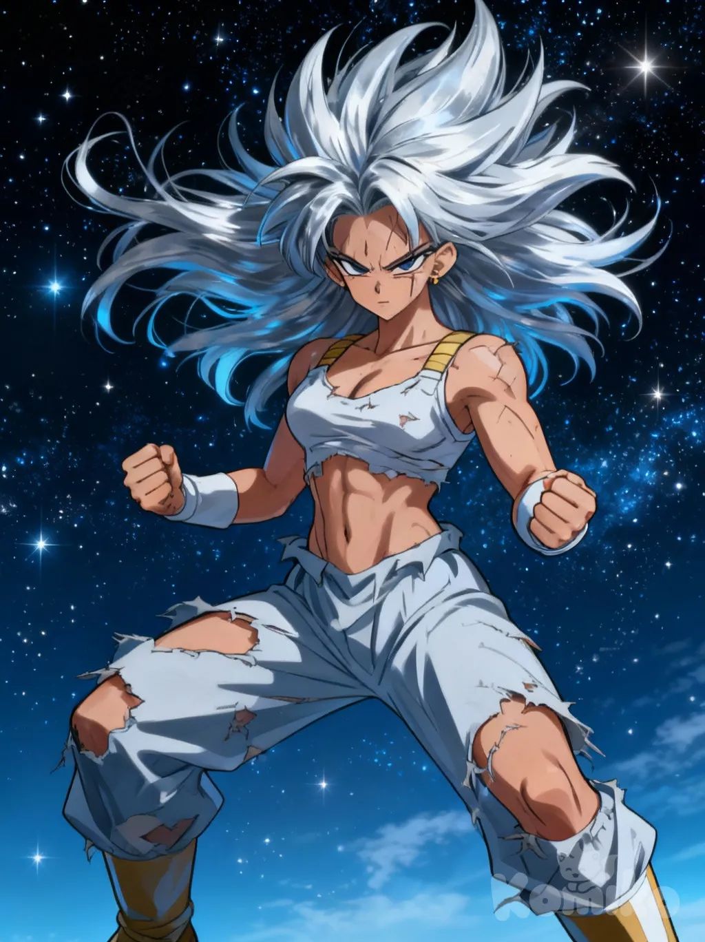 @cibulette-Wz5S , Mastered Ultra Instinct, flowing Silver hair, ripped clothing, full body, starry sky