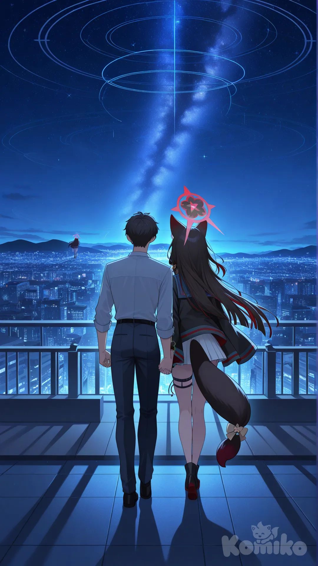 wakamo (blue archive), sakurako (blue archive), night conditions, rooftop, hugs hand, better light, full body, tall female, sensei (blue archive), 1boy 2girl, looking at another, pov from behind