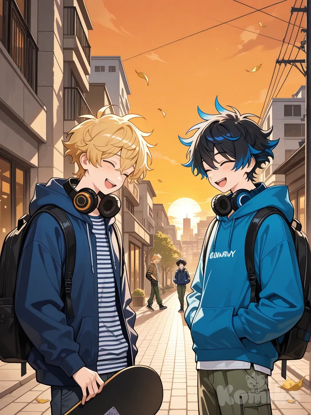 2boys, 1st boy holding skateboard, laughing, eyes closed, facing 2nd boy, striped shirt, cargo pants, backpack, spiky hair, black hair, yellow tips, charcoal black, 2nd boy, looking down, small smile, hands in pockets, hoodie, hood up, casual pants, headphones resting on shoulders, blonde hair, blue highlights, navy blue, both walking on sidewalk next to each other, upper body, sunset, cityscape, leaves falling