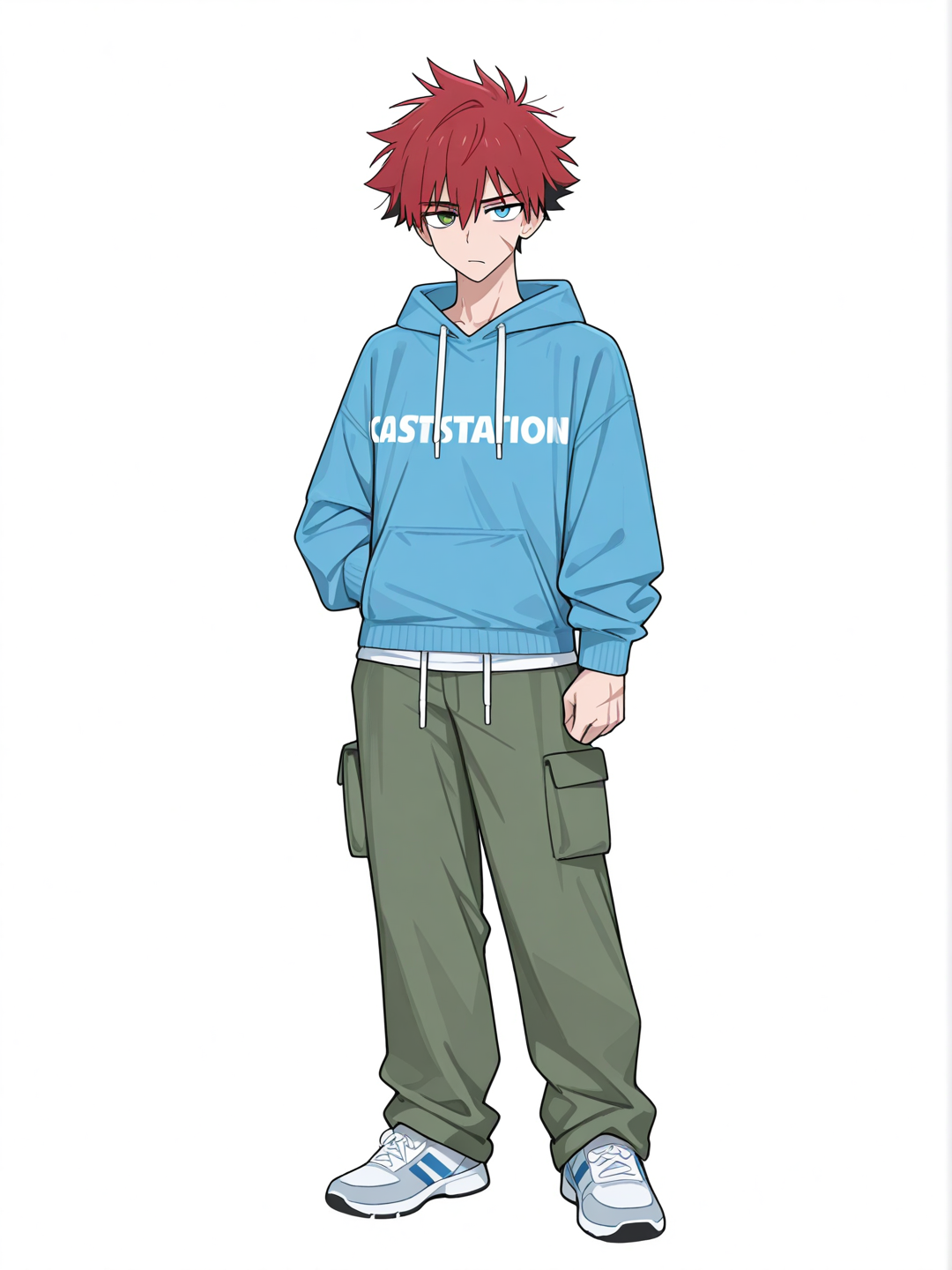 [toon-shaded-style] 1boy, mature, teenager, athletic, red hair, black hair, spiky hair, blue eyes, green eyes, heterochromia, scar on cheekbone, hoodie, cargo pants, watercolor, single character, full body, looking at viewer, anime style, simple background, white background