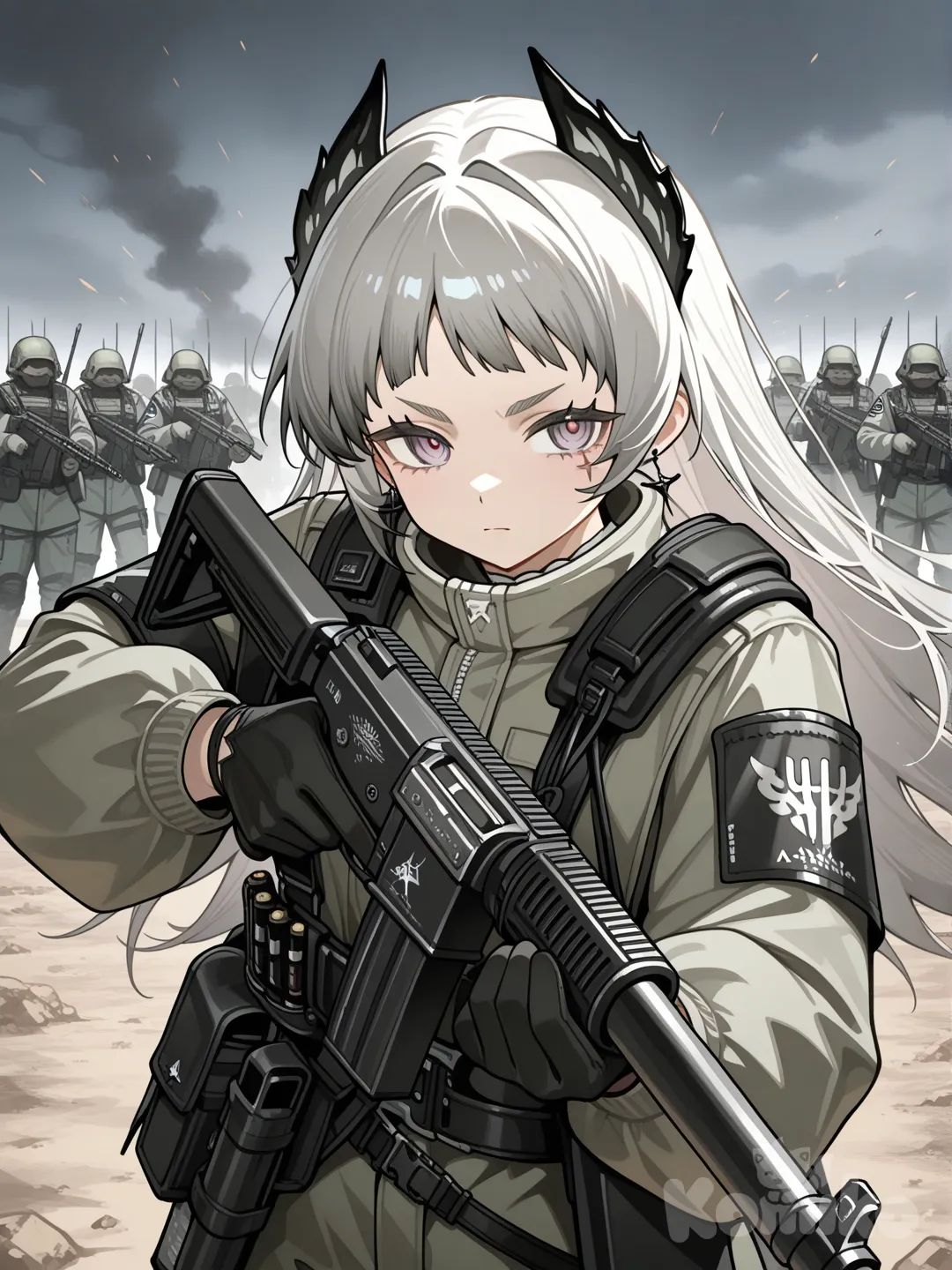 @Irene_(Arknights), millitary , holding gun, CQB , Army Suit