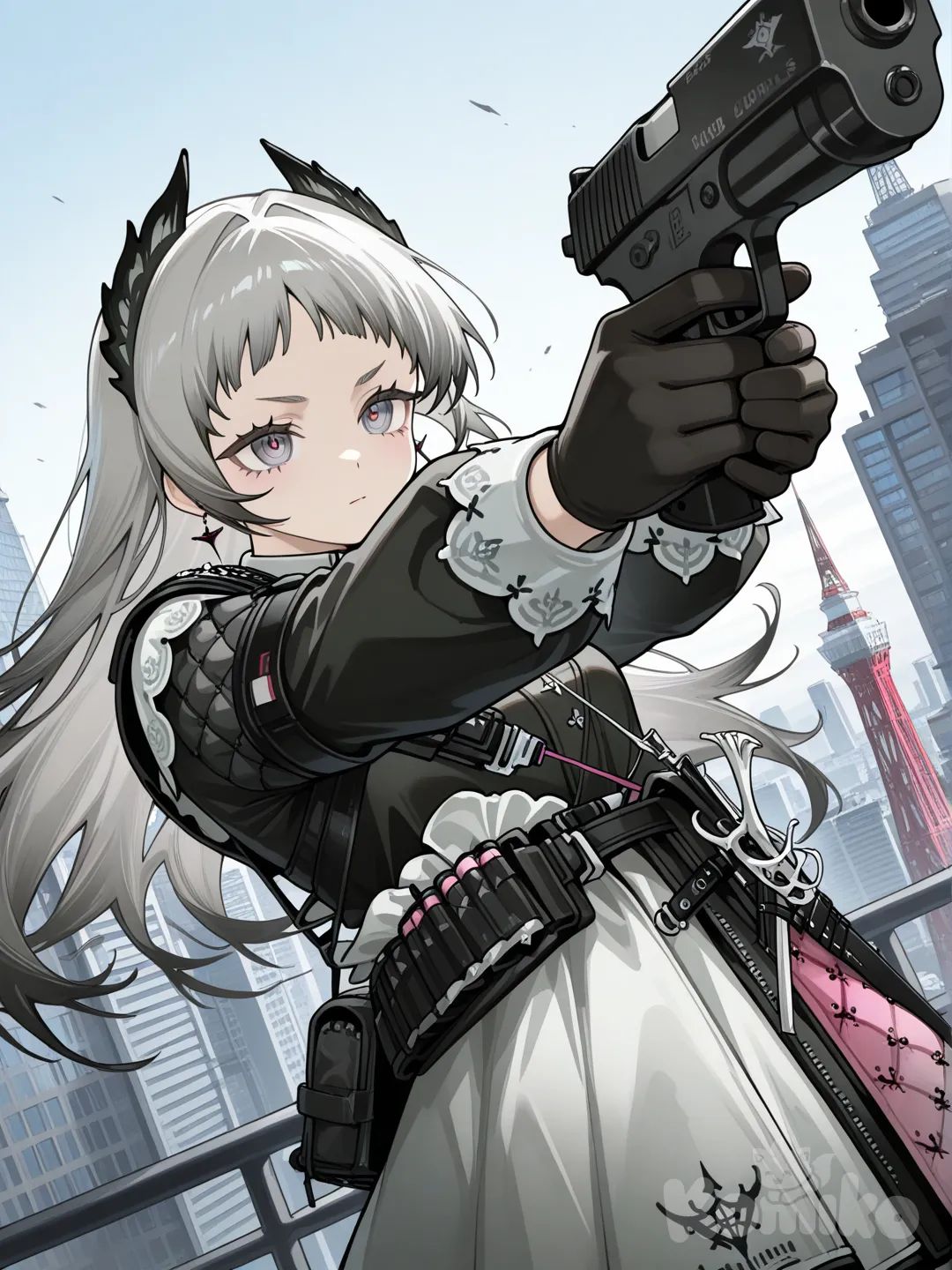 @Irene_(Arknights), millitary , holding gun, CQB , Army Suit, Zipline, sky tower