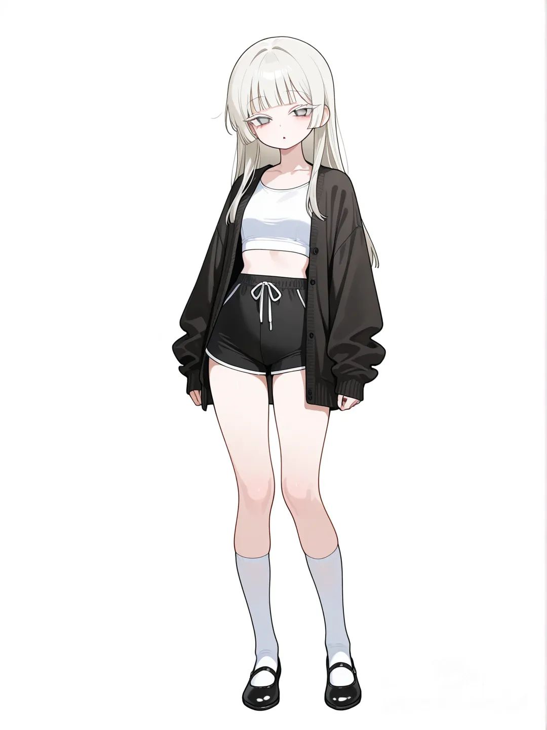 1girl, 1image, korean, tall, slim, long hair, calm straight hair, small face, oval face, narrow jawline, light makeup, blunt bangs, long slanted eyes, white simple crop shirt, black cardigan, black shorts, crew socks, mid-calf white socks, black ballet shoes, full body, white background, simple background, looking at viewer, front view