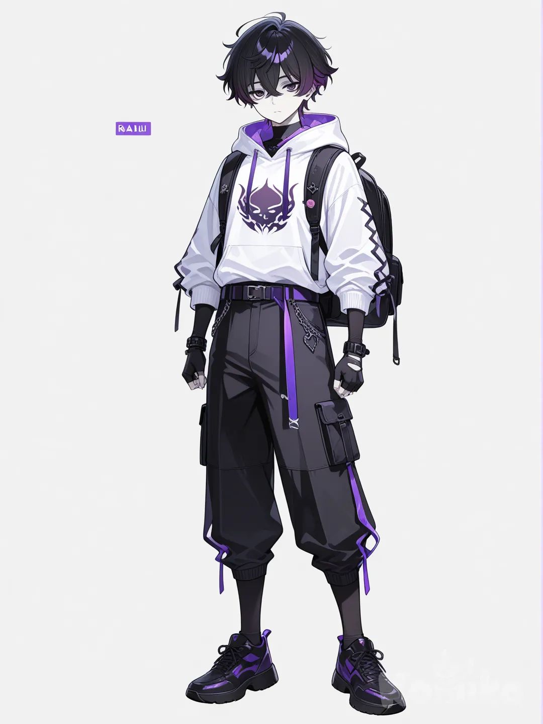 1boy, white skin, black_hair, purple-tipped hair, single character, full body, looking at viewer, anime style, simple background, white background. anime Kaiju No. 8