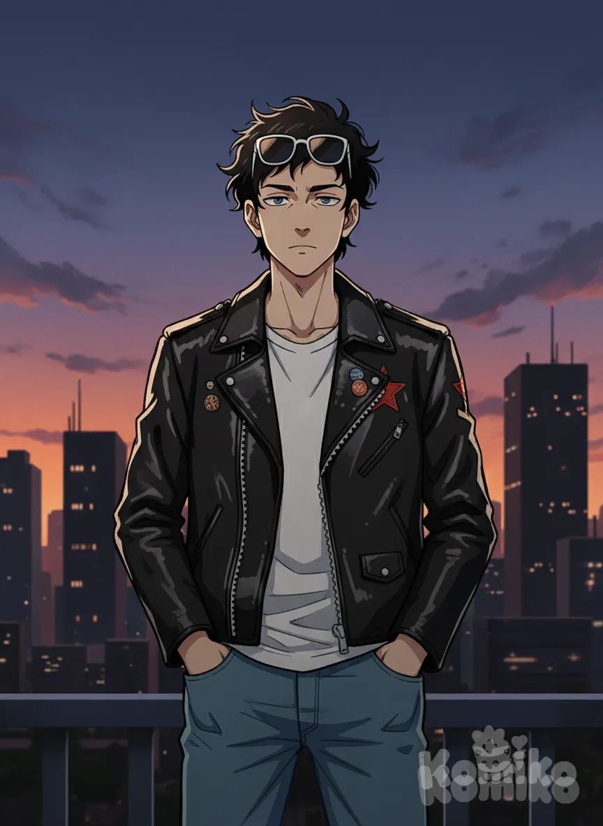 <melor-GuPu>, anime screencap, hands in pockets, looking forward , expressionless, upper body, cinematic lighting, twilight, cityscape