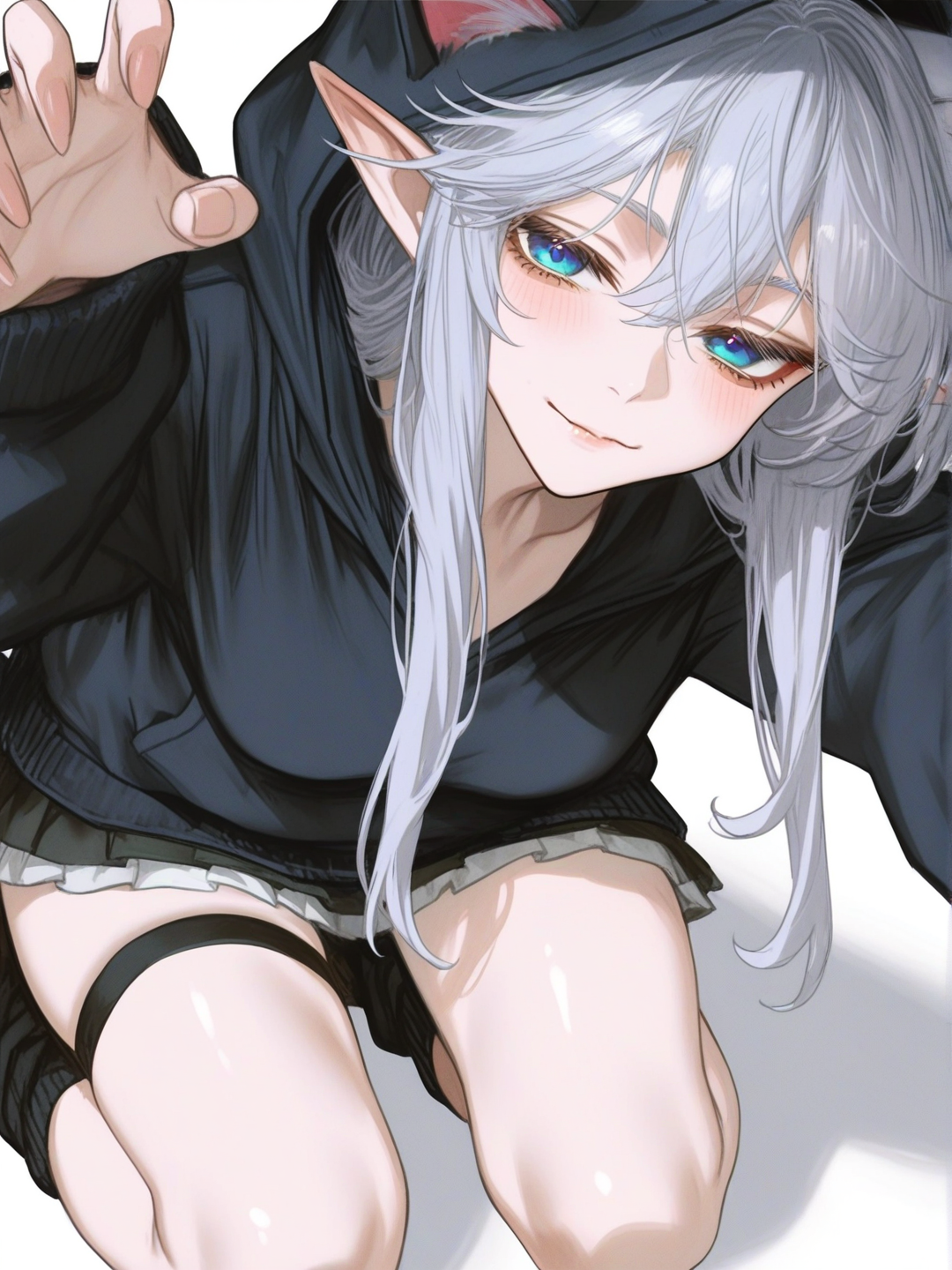 [semi-realistic-portrait-style] 1girl, elf, slim, white_hair, blue_eyes, fair_skin, long_hair, black_hoodie, black_miniskirt, cat_ears, single character, full body, looking at viewer, anime style, simple background, white background