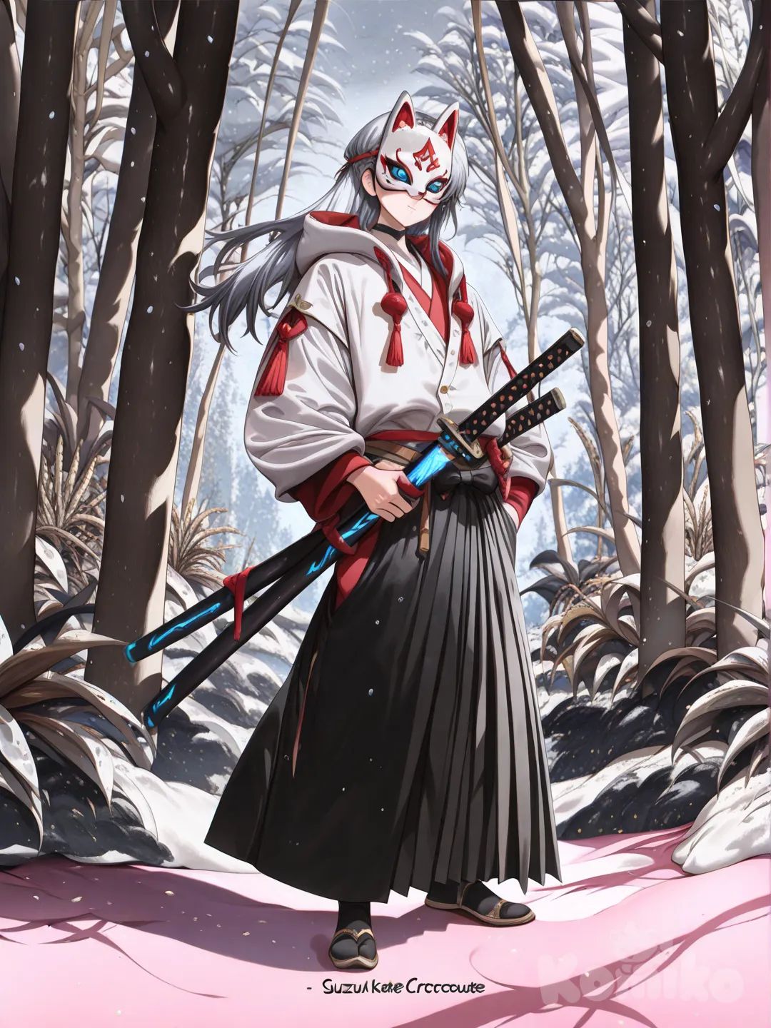 [high-gloss-illustration-style] male teenager ,silver hair,blue eyes, glowing eyes, fox mask,hakama, hoodie, in forest, snowing, weapon, sword, katana, ornate, metallic, glowing edge, fantasy, full body