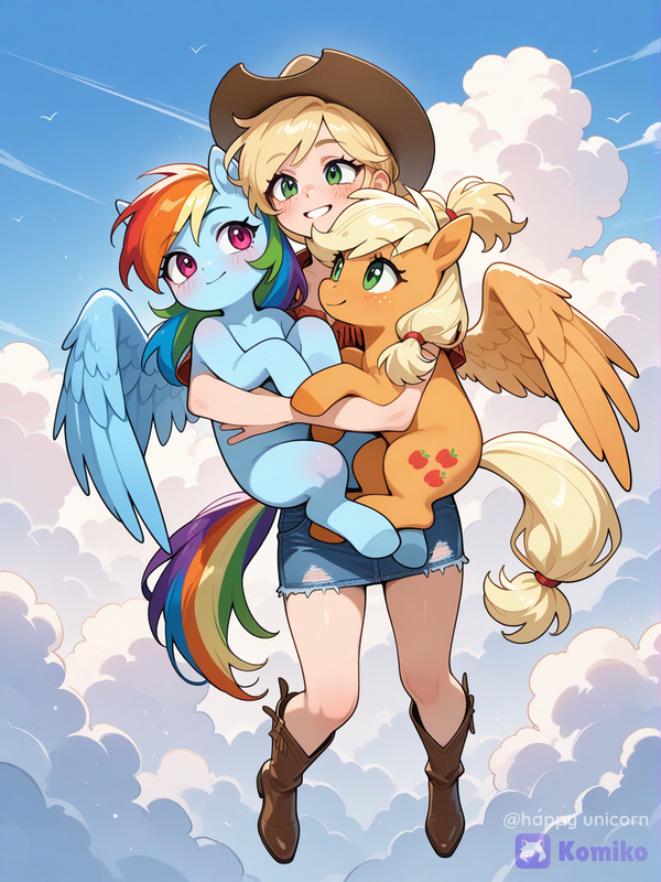 Human Applejack holding a Rainbow Dash & Pony Applejack