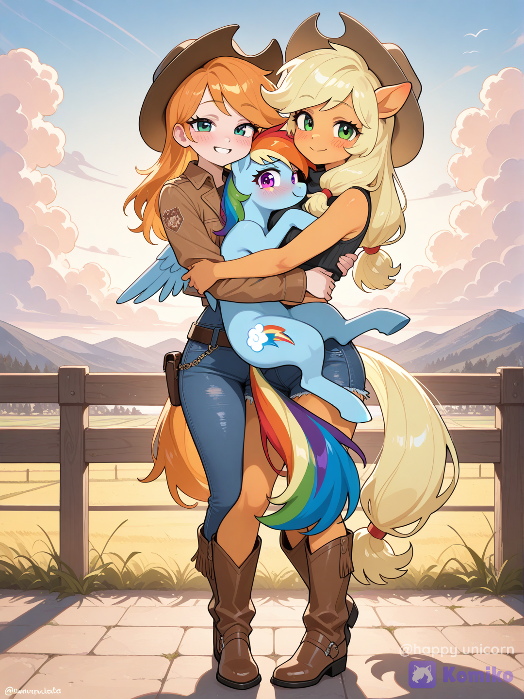 Two Applejacks Holding Rainbow Dash