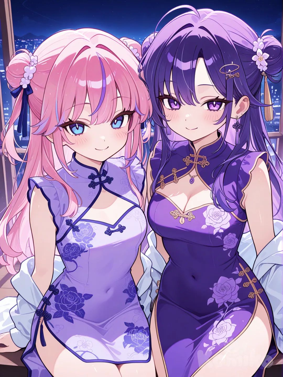 2girls , ninami Aino, Purple hair, purple dress, purple eyes, solo, Sei Hino, Pink hair, blue eyes, chinese clothes