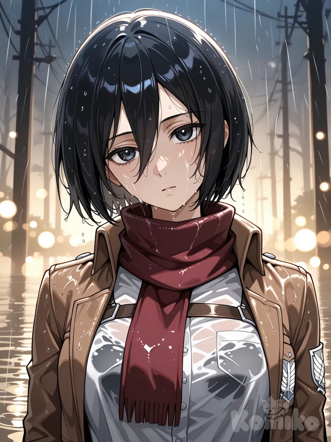 Mikasa on the city streets in the rain