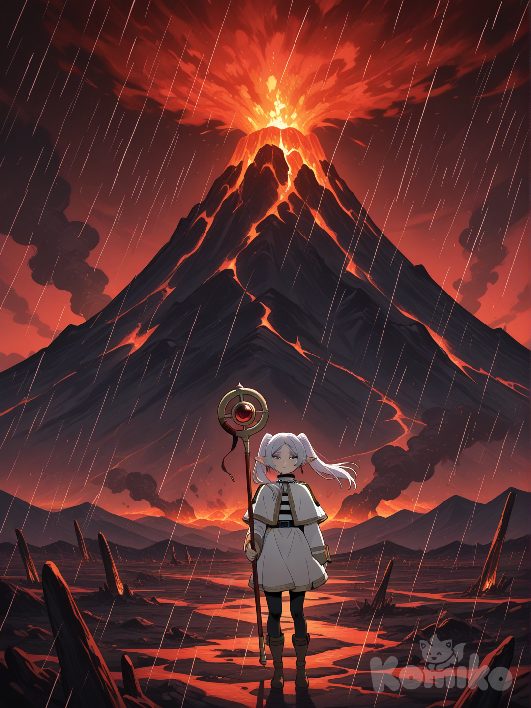Freeren searches for an ancient grimoire in a volcanic area.