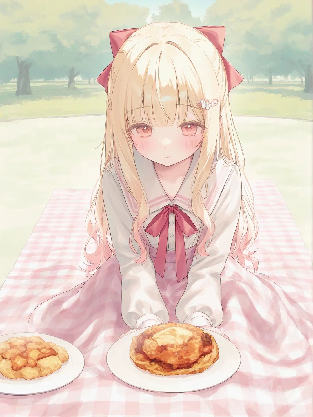 1girl,sitting on a picnic blanket, looking sad, two plates of food on the blanket, park in background, blonde hair, red bow in hair, [soft-pastel-style]