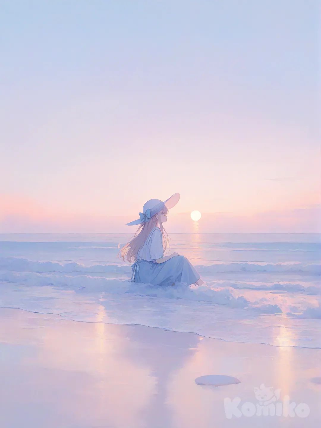 1girl, sitting on beach, watching the sunset, sunset, beach hat, blonde hair, purple bow in hair, [soft-pastel-style]
