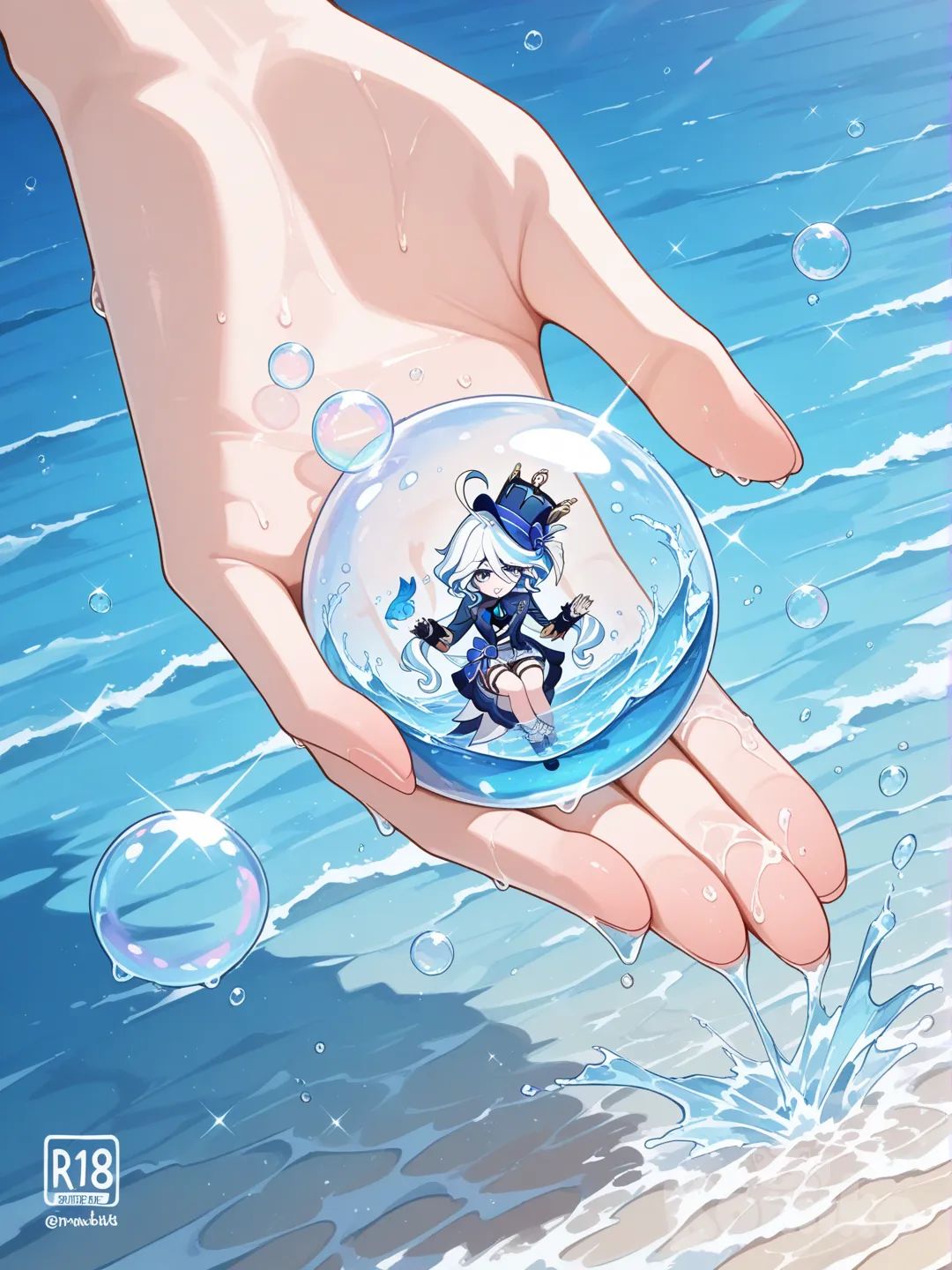 @Furina_(Genshin_Impact), holding water bubbles in her hand, flying above water