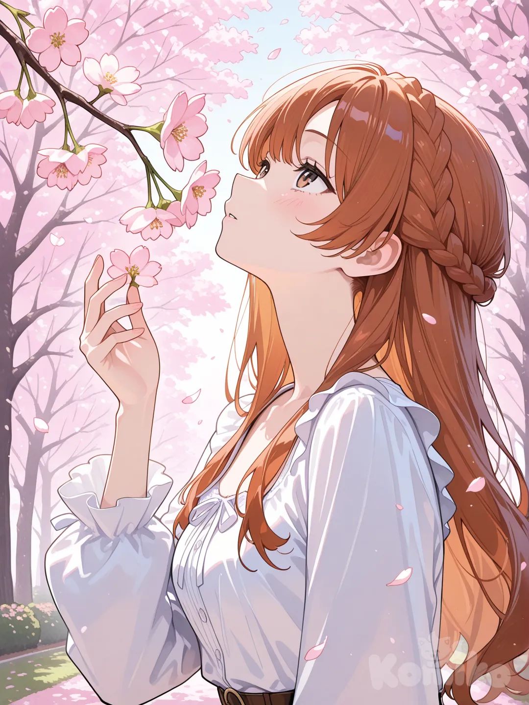 Scene: Cherry orchard in full bloom
Girls: 1
Appearance: Brown eyes, auburn crown braid, soft blouse
Action: Reaching up to touch a blossom