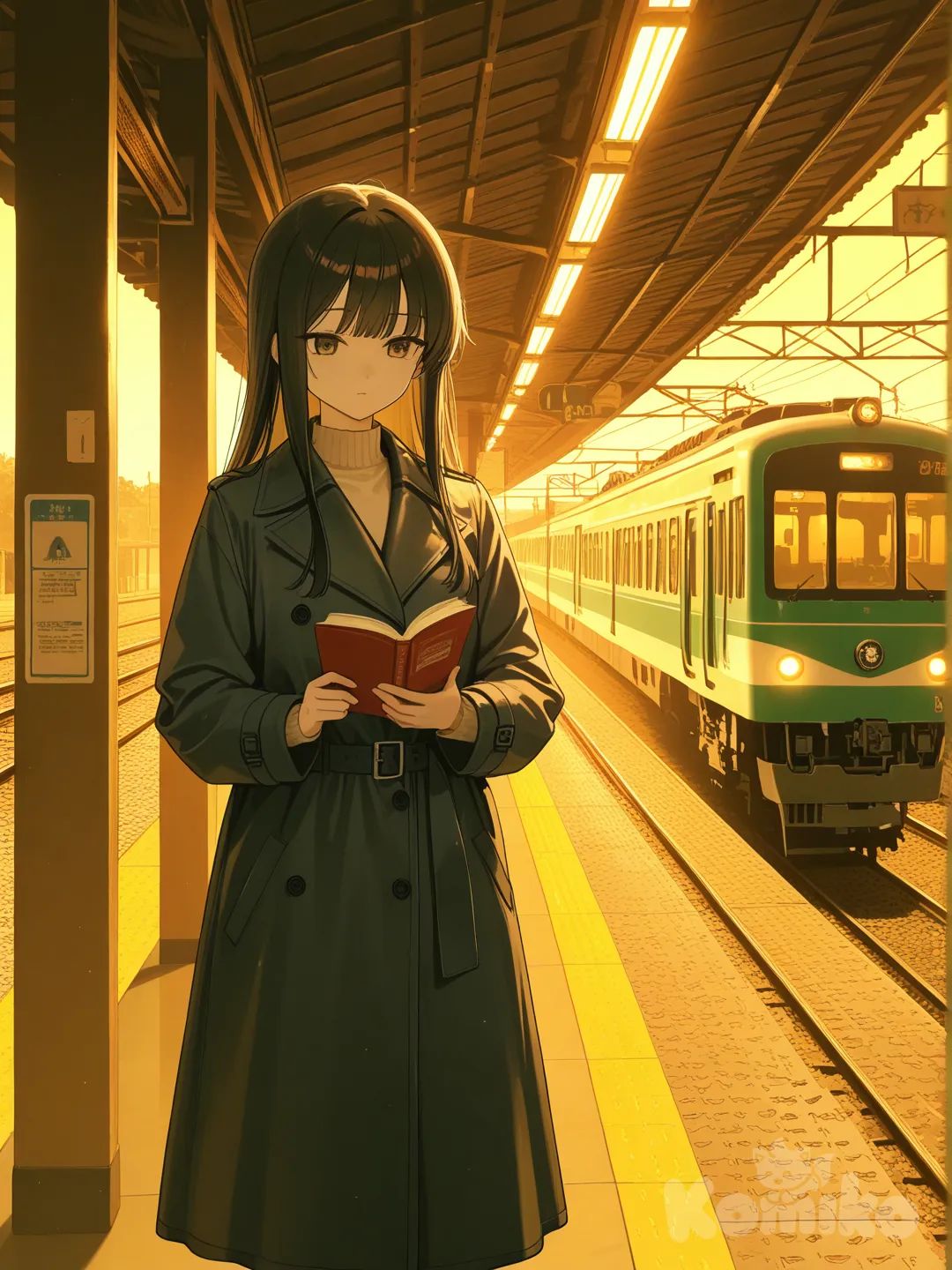 Scene: Train station with warm golden lights
Girls: 1
Appearance: Brown eyes, straight black hair, long coat
Action: Waiting on the platform with a book