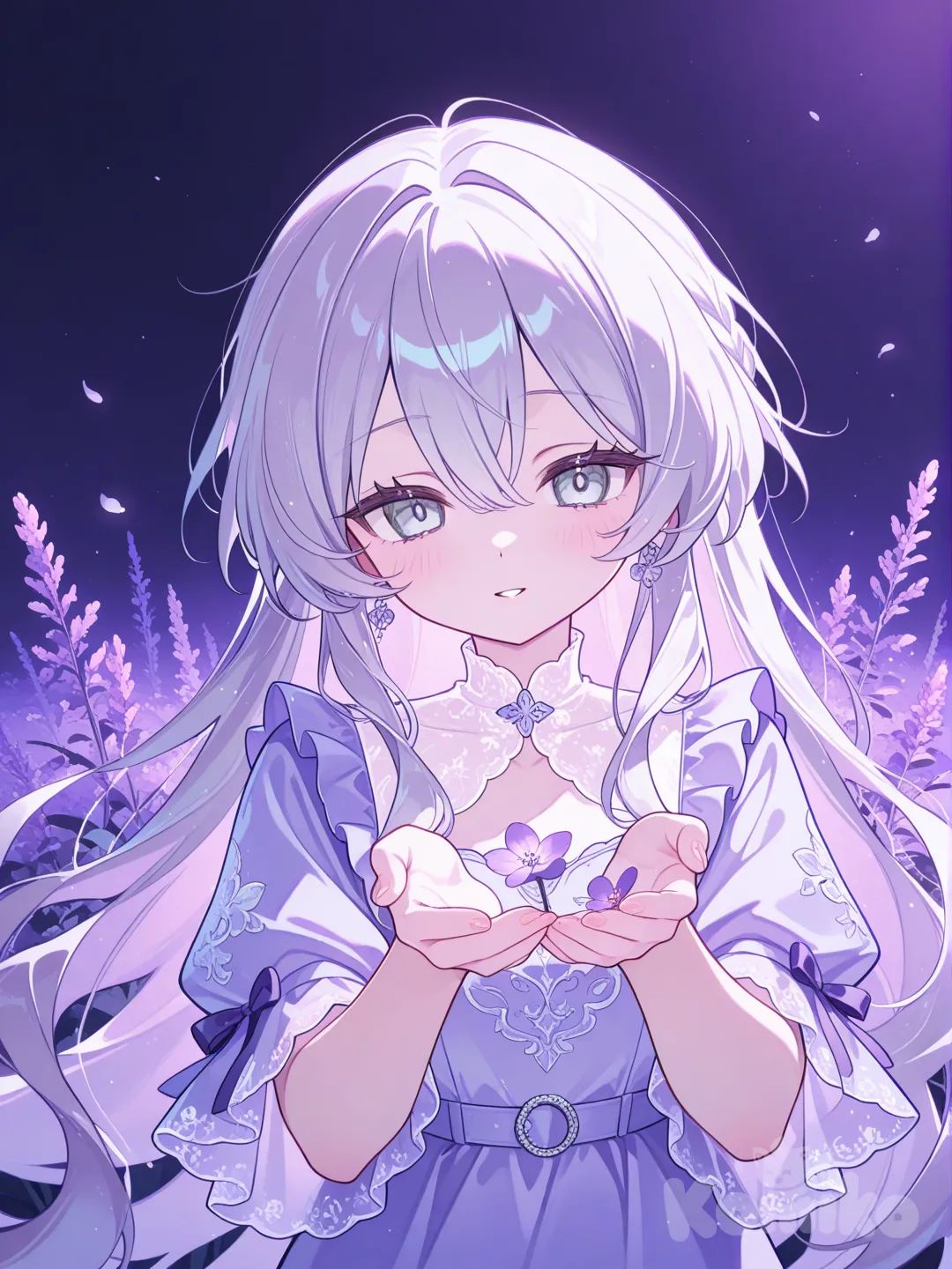 Silver-gray eyes, chestnut hair, lilac dress
 Reaching out to touch lavender blooms