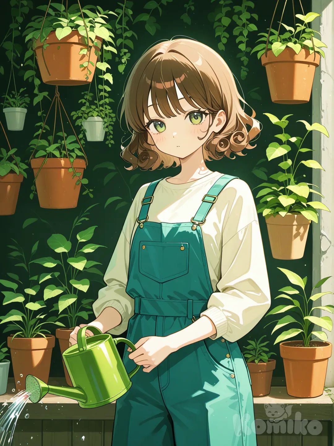 Green eyes, brown curls, overalls
 Watering hanging plants